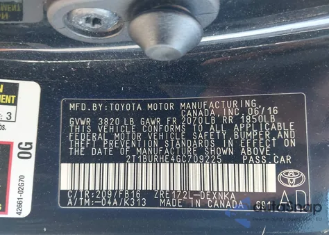 2016 Toyota Corolla Le из США, поврежденный, VIN 2T1BURHE4GC709225